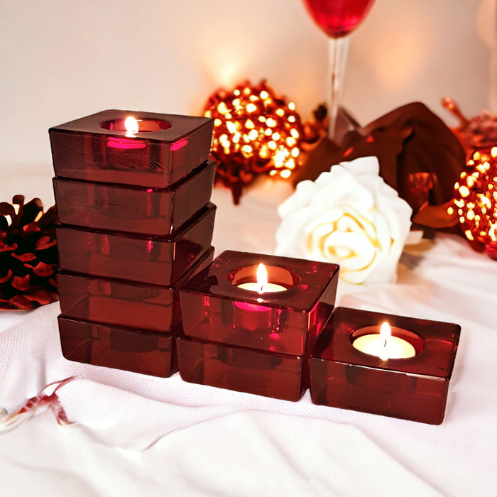 Chunky Glass Tealight Holder - Red Square