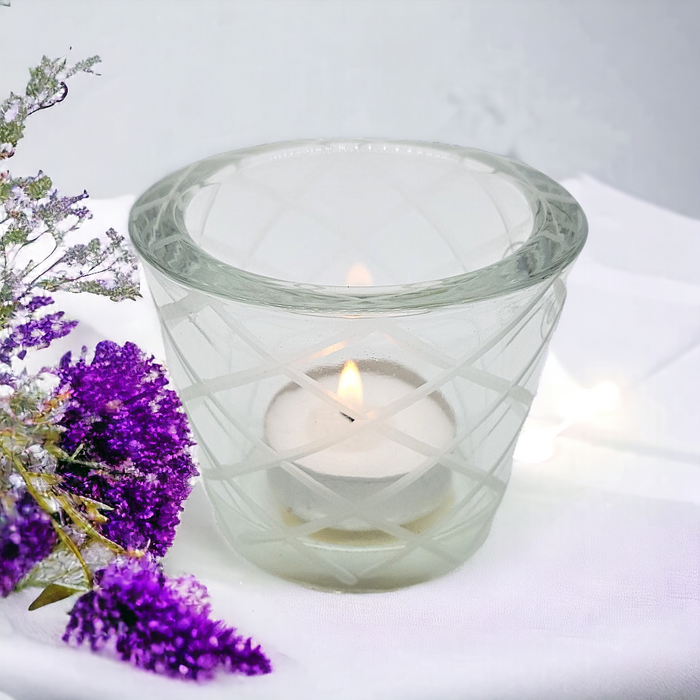 Chunky Glass Tealight Holder - Etched Diamond or Square Pattern