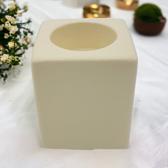 Contemporary Ivory Square Ceramic Tealight Holder - Short