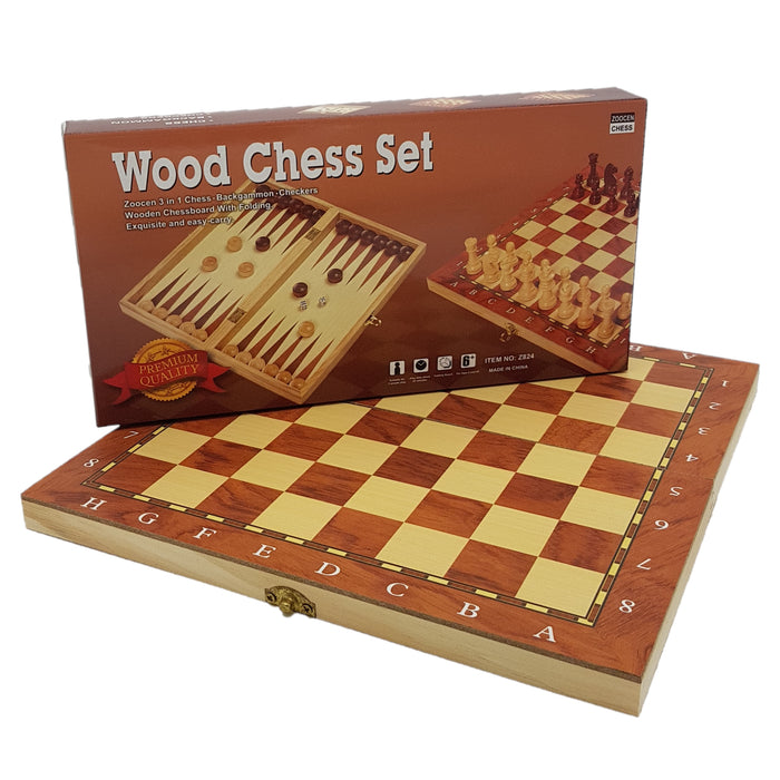 3-In-1 Wooden Travel Games Set - Chess, Draughts & Backgammon
