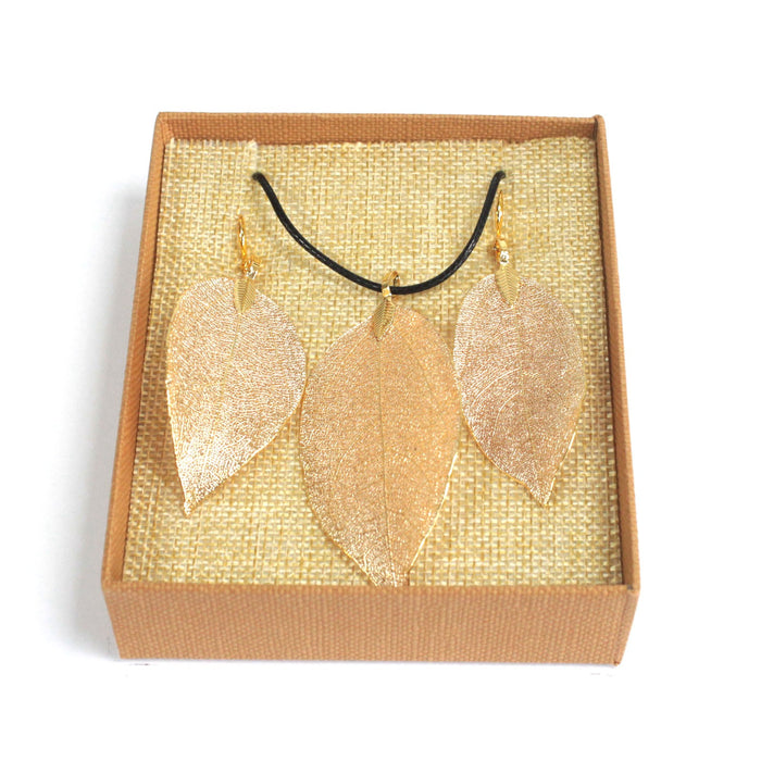 Bravery Leaf Necklace & Earring Set - Gold