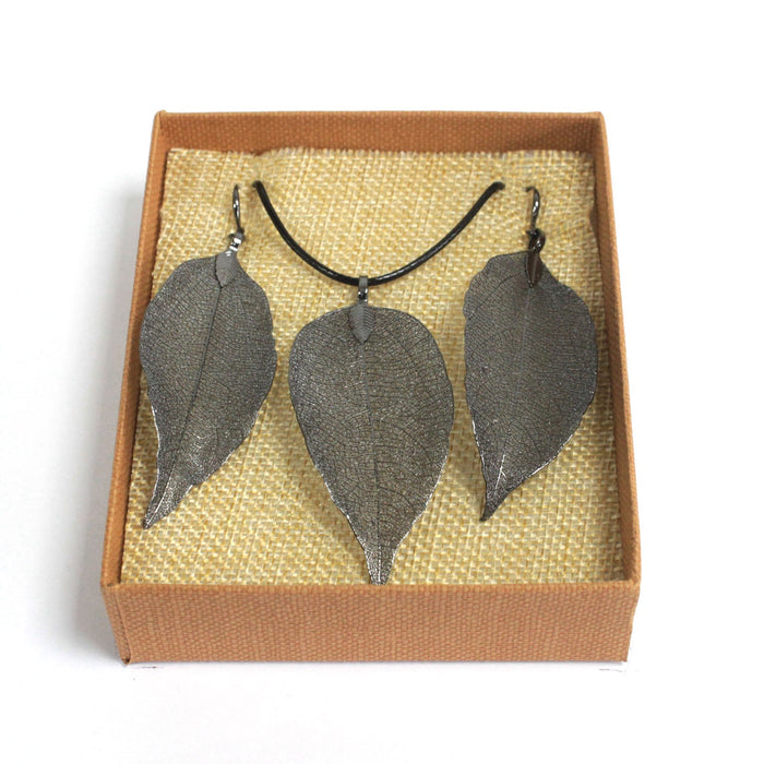 Bravery Leaf Necklace & Earring Set - Pewter