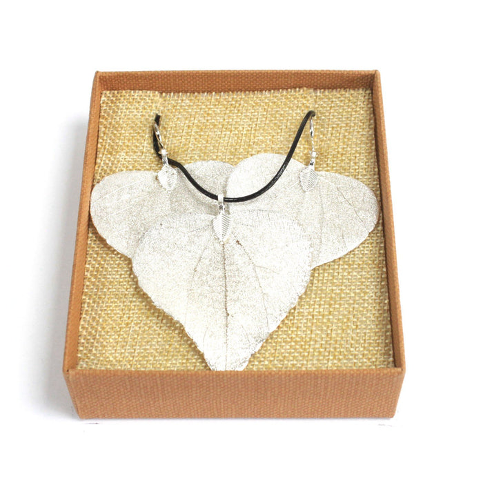 Real Leaf 'HEART' Necklace & Earring Set, Electroplated - Choice of Colours