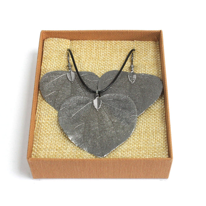 Real Leaf 'HEART' Necklace & Earring Set, Electroplated - Choice of Colours