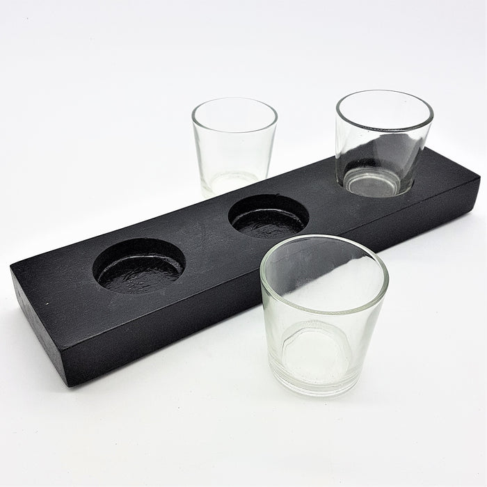 Wooden Block with 3 Glass Votive / Tealight Holders