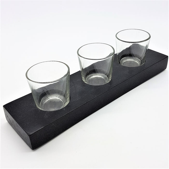 Wooden Block with 3 Glass Votive / Tealight Holders