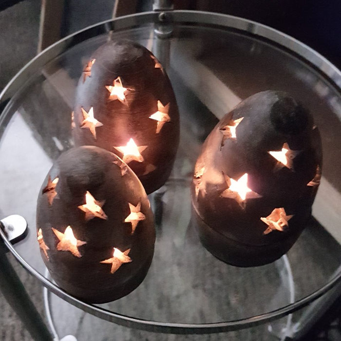Chocolate Terracotta Egg-Shaped Tealight Holder with Stars