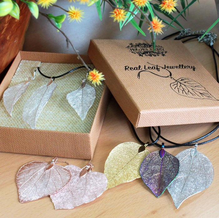 Real Leaf 'HEART' Necklace & Earring Set, Electroplated - Choice of Colours