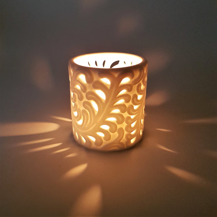 White Porcelain Tealight Holder - Fern Design