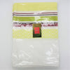 Folded lime green and white striped cotton outdoor tablecloth with geometric pattern in clear plastic packaging from eden collection