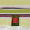 Linen cotton outdoor tablecloth with lime green white brown stripes and yellow geometric pattern from eden collection