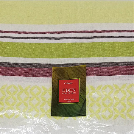 Linen cotton outdoor tablecloth with lime green white brown stripes and yellow geometric pattern from eden collection