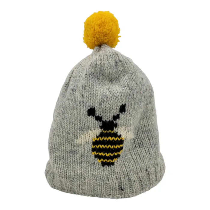Gray wool bee bobble hat with yellow pom pom and black yellow bee design made from fair trade wool