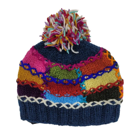 A vibrant multicolored wool bobble hat with stitching detail and a fluffy pom pom made from 100 percent wool