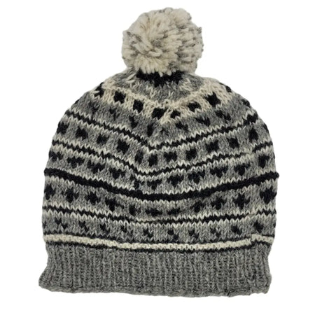 Gray and black wool classic bobble hat with fluffy pom pom made from new zealand wool for adults
