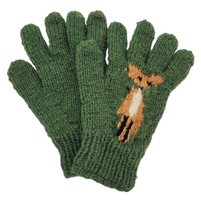 Dark green 100 percent zealand wool fox design gloves with orange and white fox embroidery fair trade adult style