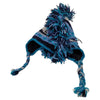 A knitted blue and black striped mohican hat with braided ear flaps made from fair trade Zealand wool