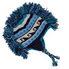 A hand-knitted blue and black patterned mohican hat made from fair trade zealand wool with braided ear flaps