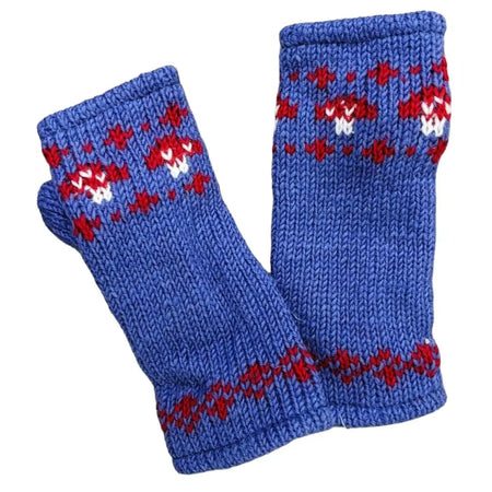 Blue knitted handwarmer gloves with red and white nordic mushroom design made from zealand wool for adults