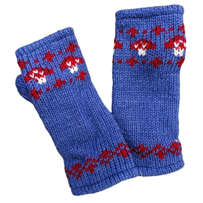 Blue knitted handwarmer gloves with red and white nordic mushroom design made from zealand wool for adults