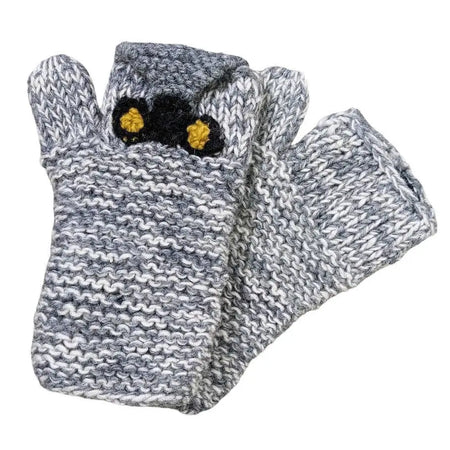 Gray and white knitted fingerless handwarmer gloves with black and yellow owl design cat eyes made of 100% wool fair trade