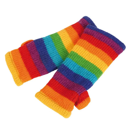 Adult wool rainbow handwarmer gloves in vibrant red orange yellow green blue purple fair trade fingerless design