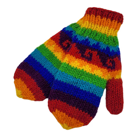 Adult wool rainbow mittens with vibrant rainbow stripes made from 100% wool fair trade knit material