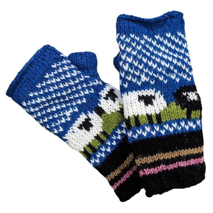 Blue knitted handwarmer gloves with sheep design and green grass patterns made from zealand wool