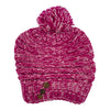 A vibrant pink and white marled slouch bobble hat made of zealand wool with three decorative buttons on the brim