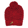 Red knitted wool slouch bobble hat with matching pom pom and three decorative buttons on the cuff made from zealand wool