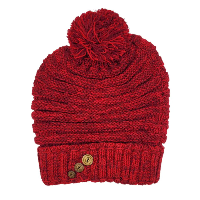 Red knitted wool slouch bobble hat with matching pom pom and three decorative buttons on the cuff made from zealand wool
