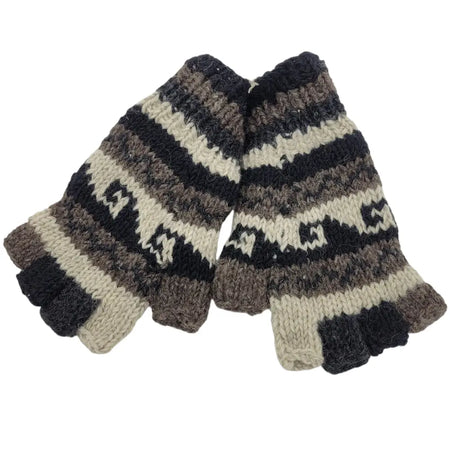 Knitted 100% wool fingerless gloves in black beige and brown stripes with white geometric waves design fair trade