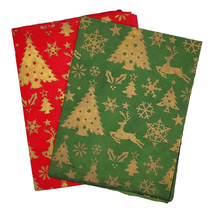 Screen Printed Lokta Paper Christmas Gift Wrap - Red or Green