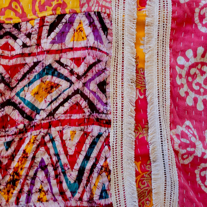 GRINGO FAIRTRADE Kantha Wide Sleeve Mid-Length Kimono - Yellow/Red