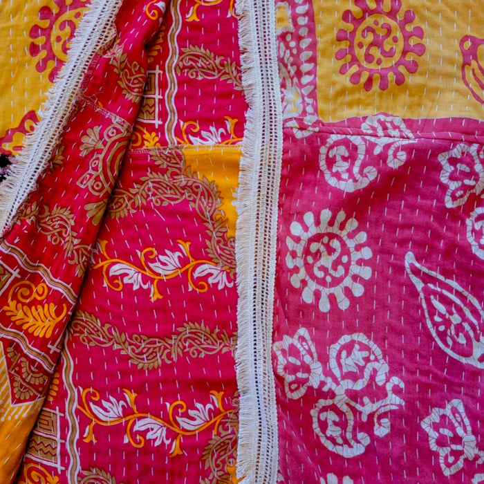 GRINGO FAIRTRADE Kantha Wide Sleeve Mid-Length Kimono - Yellow/Red