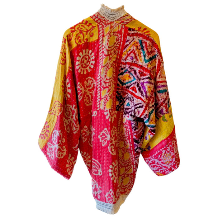 GRINGO FAIRTRADE Kantha Wide Sleeve Mid-Length Kimono - Yellow/Red