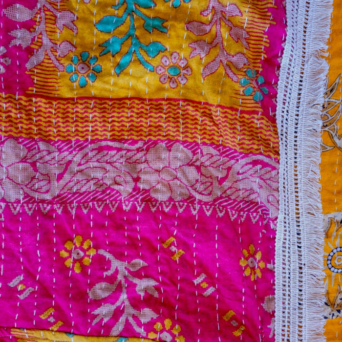 GRINGO FAIRTRADE Kantha Wide Sleeve Mid-Length Kimono - Pink/Mustard