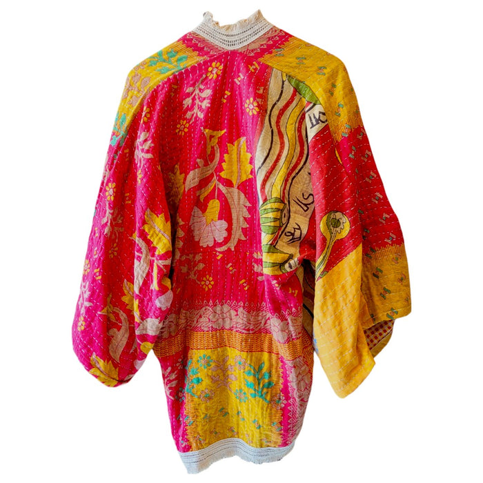GRINGO FAIRTRADE Kantha Wide Sleeve Mid-Length Kimono - Pink/Mustard