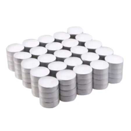 Stacks of silver-colored 100x unscented tealights made of paraffin wax arranged in neat rows