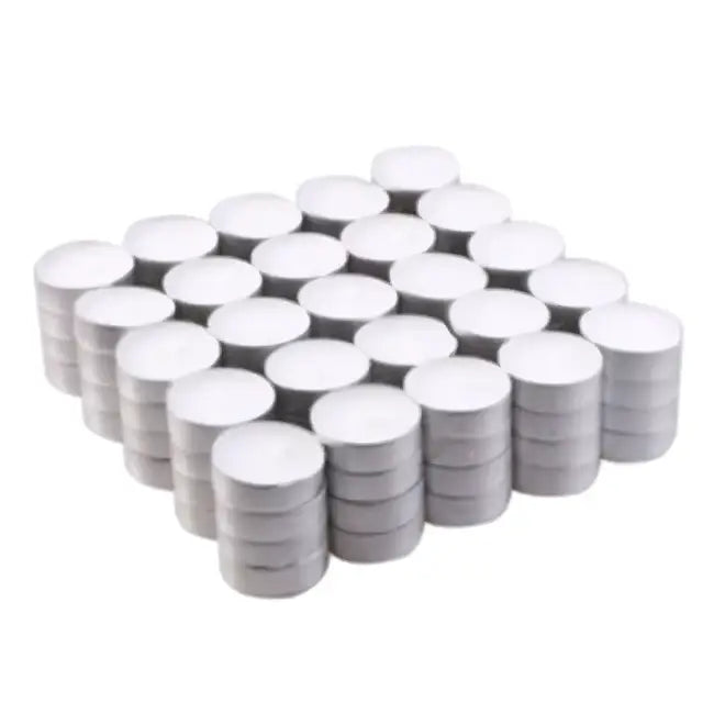 Stacks of silver-colored 100x unscented tealights made of paraffin wax arranged in neat rows