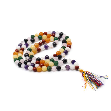 A colorful 108 bead mala necklace with multi-stone beads and tassel from the 9 planet astro collection with velvet pouch