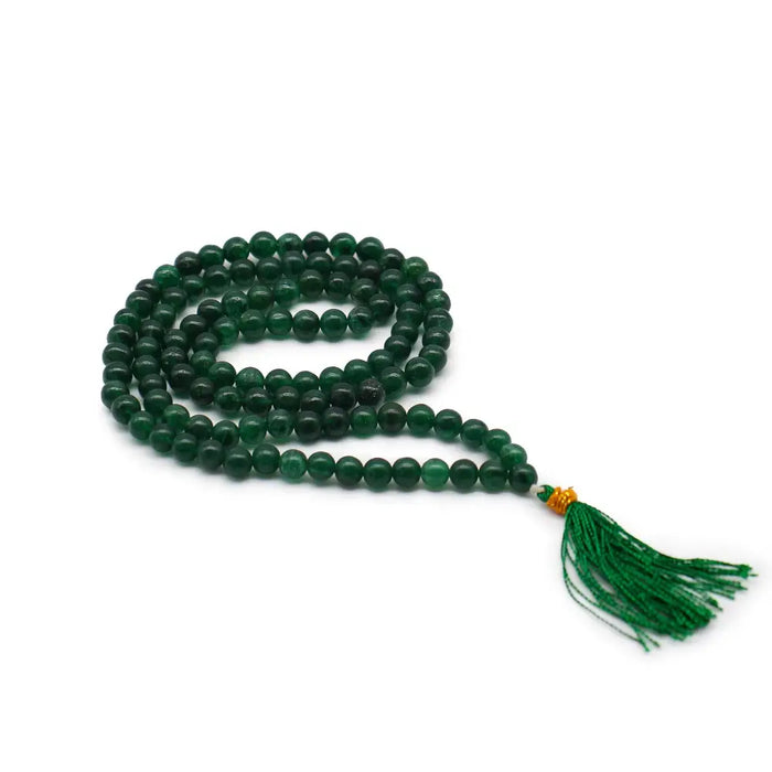 Deep green jade 108 bead mala necklace with matching tassel and velvet pouch for meditation and prayer use