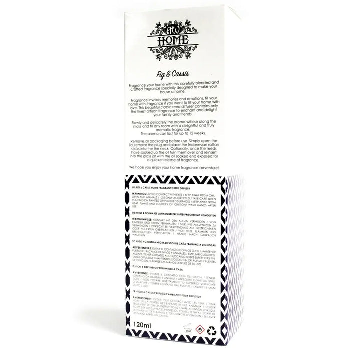 White glass bottle cassis reed diffuser with black ornate branding and geometric patterned box for home fragrance