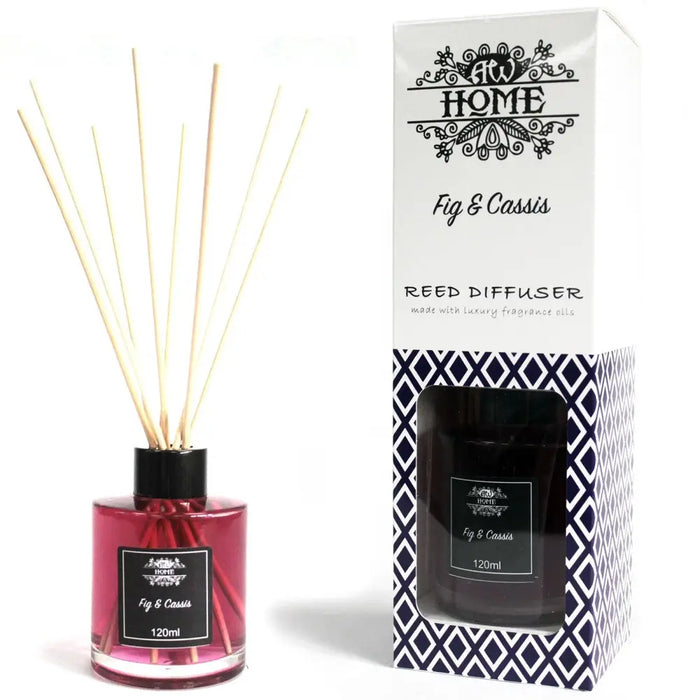 A 120ml cassis reed diffuser in a glass bottle with vibrant pink liquid and natural wooden sticks by hw home