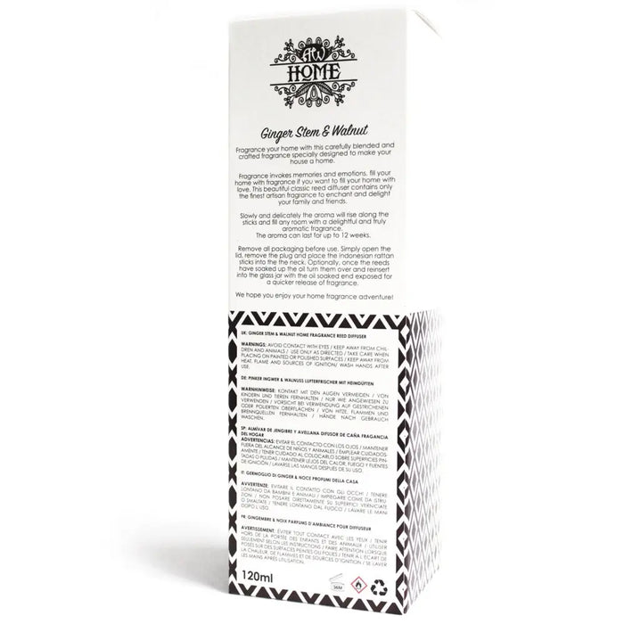 White and black patterned box for 120ml reed diffuser with ginger stem scent in a glass bottle packaging