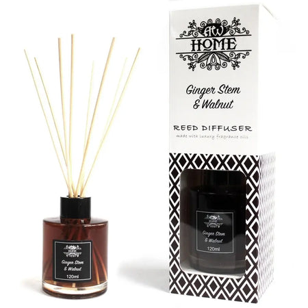 A sleek black glass reed diffuser bottle with matte finish, amber ginger stem oil, and natural wood reeds