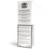 White cardboard box with black logo and 120ml gold frankincense and myrrh reed diffuser glass bottle inside