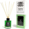 Green glass tea reed diffuser with black cap and label featuring gooseberry and white tea scent oil lasts long