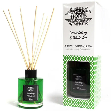 Green glass tea reed diffuser with black cap and label featuring gooseberry and white tea scent oil lasts long