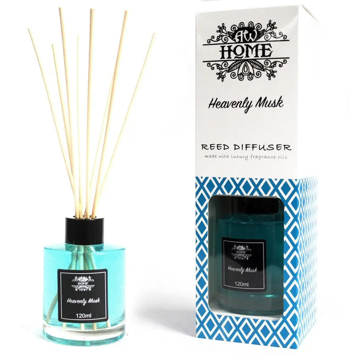 A clear glass bottle reed diffuser filled with turquoise heavenly musk liquid and light wooden reeds with black cap